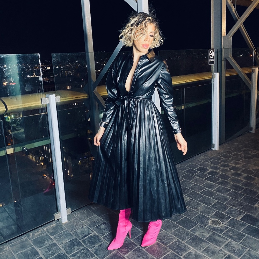 Black Vegan Leather Pleated Dress